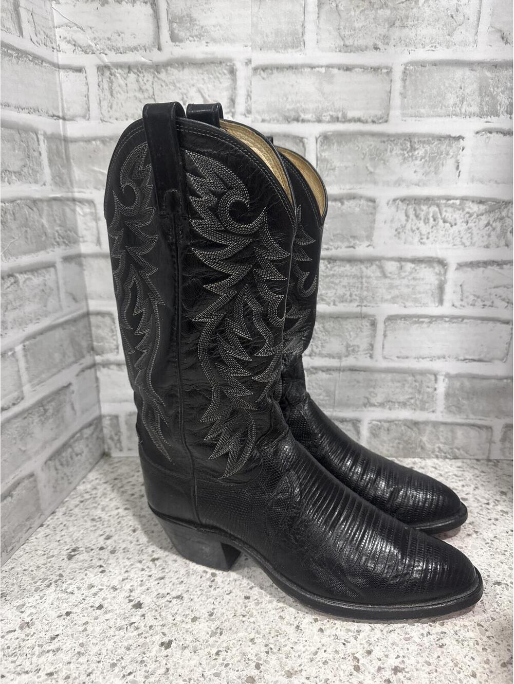 Dan Post Black Western Lizard Skin Cowboy Boots with Embroidered Detailing, 8D